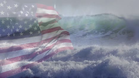 digital composition of waving us flag against waves in the sea