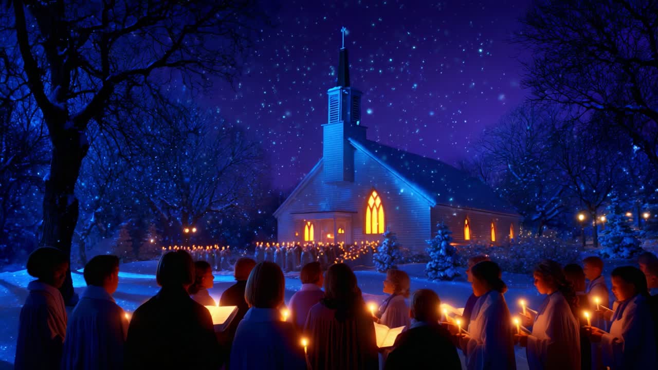 A serene winter night scene shows a group of people gathered in front of a beautifully illuminated church, surrounded by softly falling snowflakes, all holding candles that emit a warm glow, creating a peaceful and festive atmosphere
