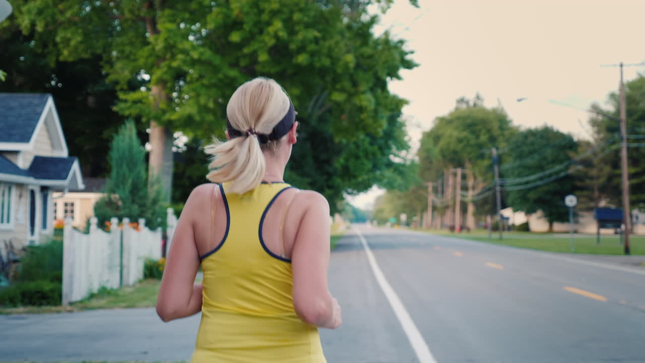 una mujer joven trota a lo largo de un típico tiro de seguimiento de steadicam de los suburbios de ee. uu.