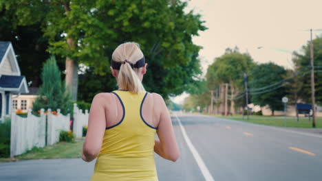 a young woman jogs along a typical us suburb steadicam follow shot