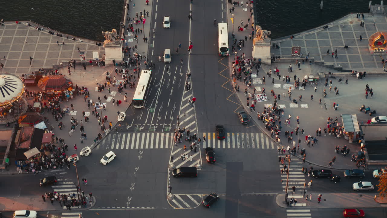 Aerial View of a Bridge in Paris with People and Traffic
