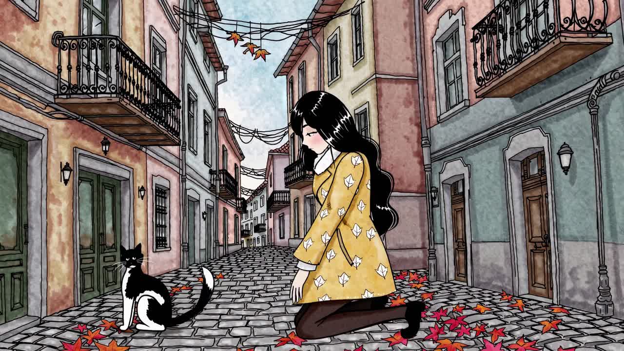 Serene autumn alley featuring young woman kneeling near curious cat, surrounded by fallen leaves, showcasing peaceful urban tranquility and gentle connection