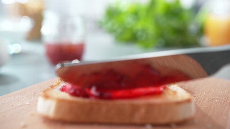 esparcimiento de mermelada de fresa o confitura en pan ligeramente tostado con un cuchillo de mesa, desayuno en cámara lenta