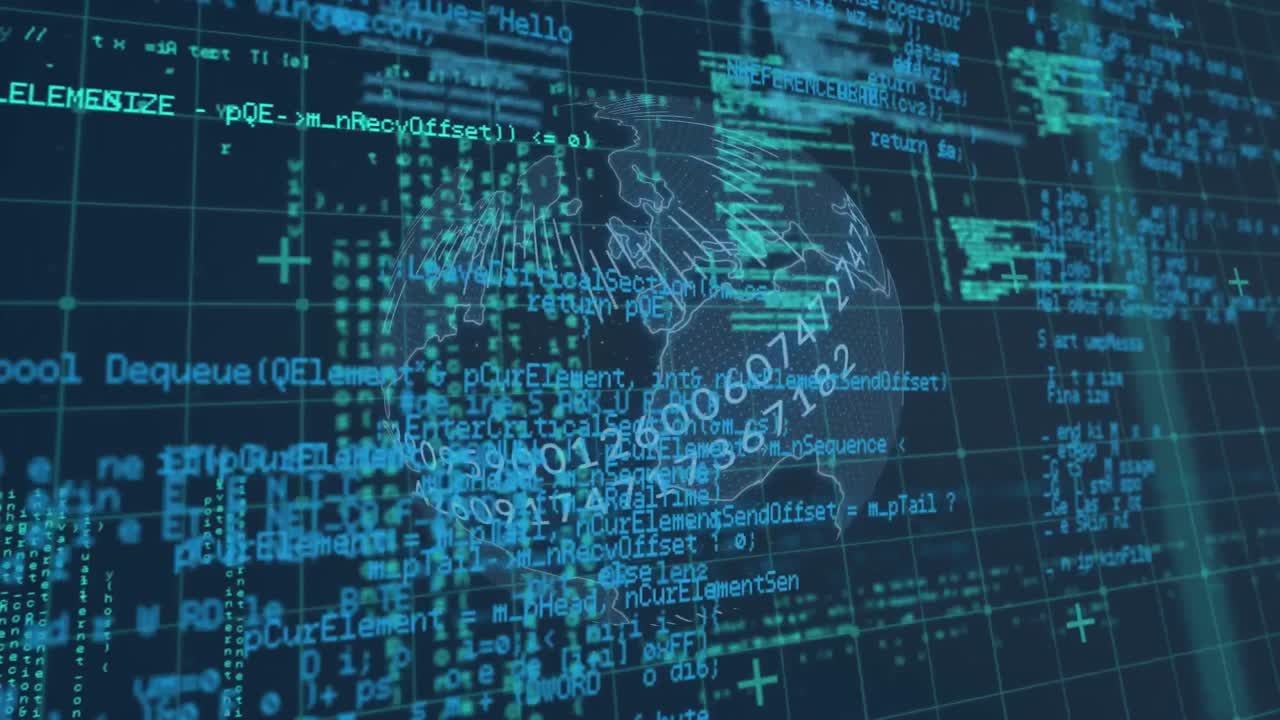 animación digital del procesamiento de datos a través de la red de rejilla contra un globo giratorio sobre fondo azul