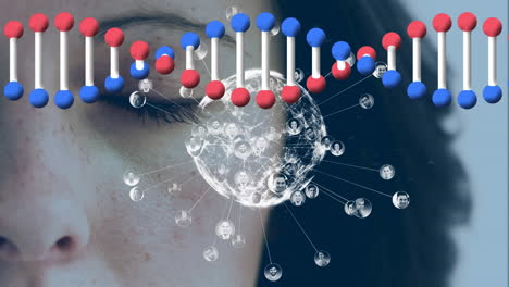 animación de la cadena de adn, redes de conexiones y globo sobre el ojo de una mujer caucásica