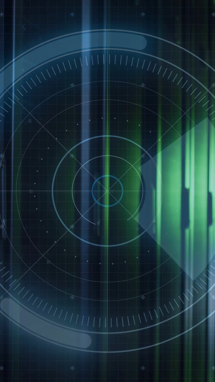 Video verticale: HUD radar che avvia una scansione a cuneo, scansionando anelli e barre pulsanti per il monitoraggio tecnologico.