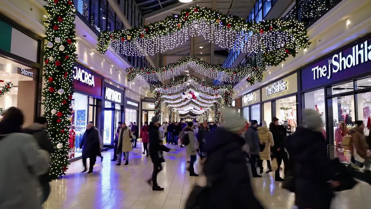 Festive shopping mall scene with holiday lights and decorations