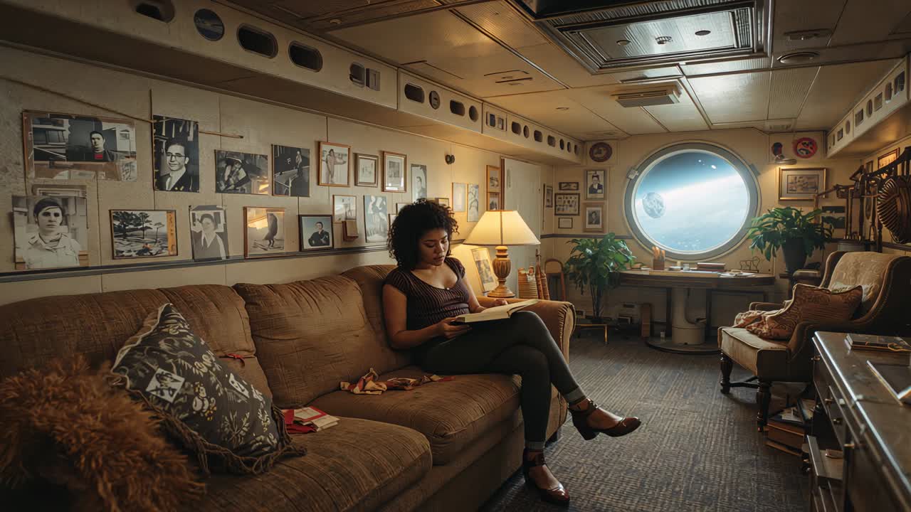 Reading woman wearing fitted top, story drawing, turning pages on sofa in cabin with lit lamp