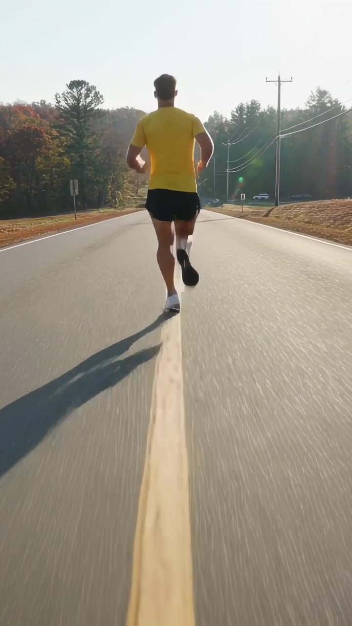 Video vertikal: Pelari pria berbaju kuning berlari untuk latihan di garis tengah jalan pedesaan.