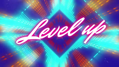 animation of pink level up text between moving illuminated colorful square shapes