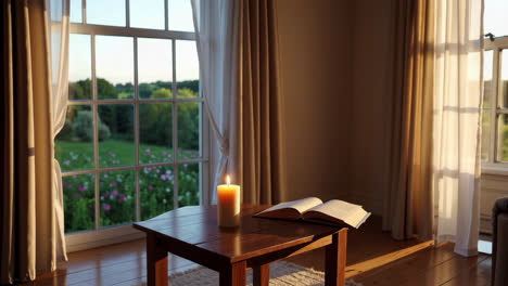 cozy room with candle, book, and garden view