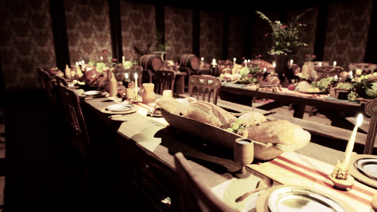 A festive banquet table laden with various foods and drinks in a cozy setting