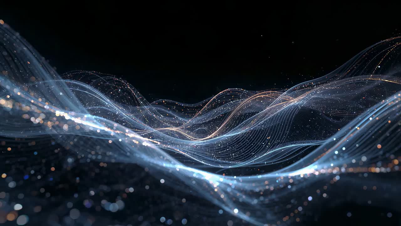 Frame shift driving light ribbons moving right at void, rising crests and revealing glow for depth