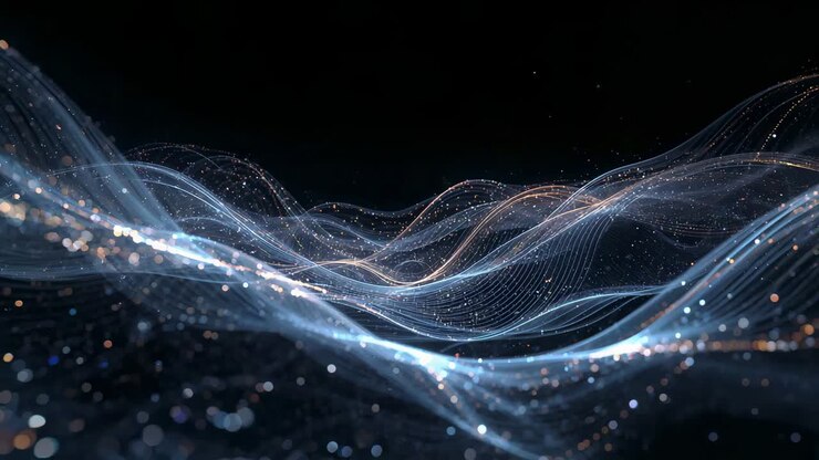 Frame shift driving light ribbons moving right at void, rising crests and revealing glow for depth