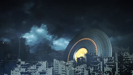 alien spaceship over a destroyed city