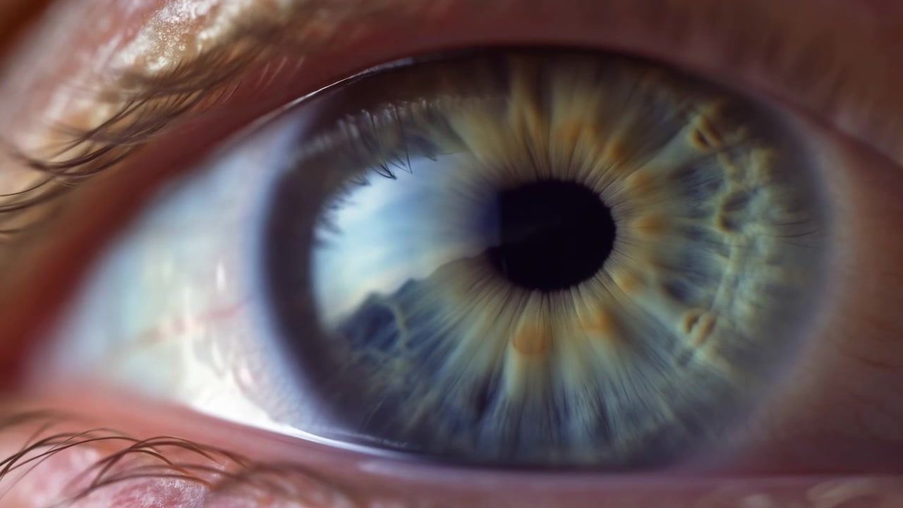 Close Macro Eye Iris Detail Showing Bluegreen Iris, Dilating Pupil, Tear Film, Visible Eyelash And Skin