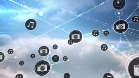 Animation-of-network-of-connections-with-icons-over-sky-and-clouds