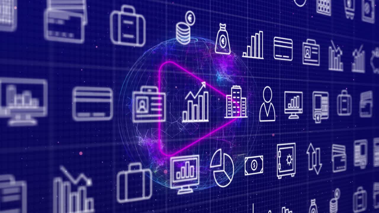 animación de iconos de negocios en todo el mundo con flecha