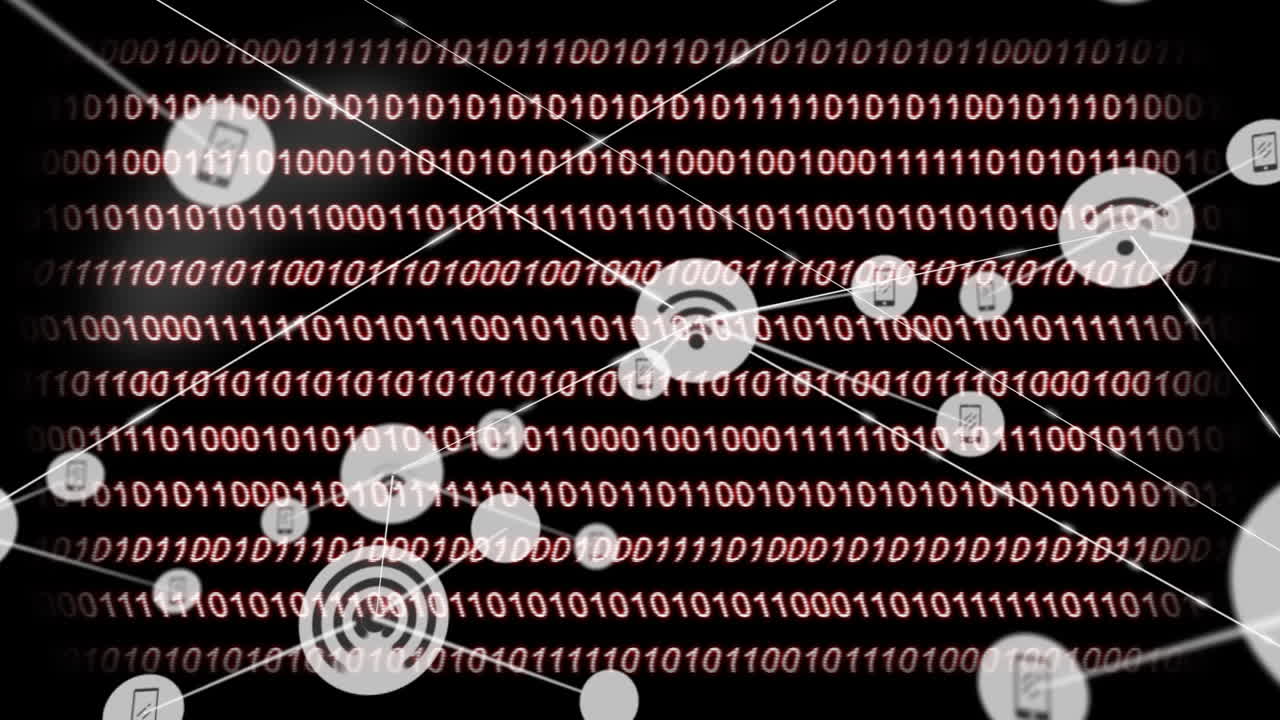 핑크색 바이너리 코드와 함께 검은색 배경에 아이콘을 가진 연결 네트워크의 애니메이션