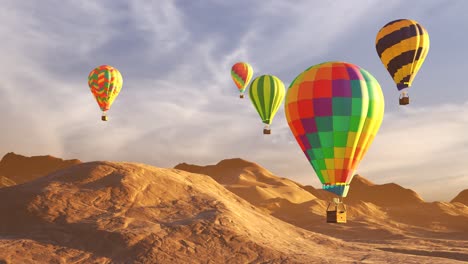 colorful hot air balloons flying over mountains and desert landscape during sunset. five large multi-colored balloons slowly rising against a beautiful cloudy sky. travel, adventure, festival.