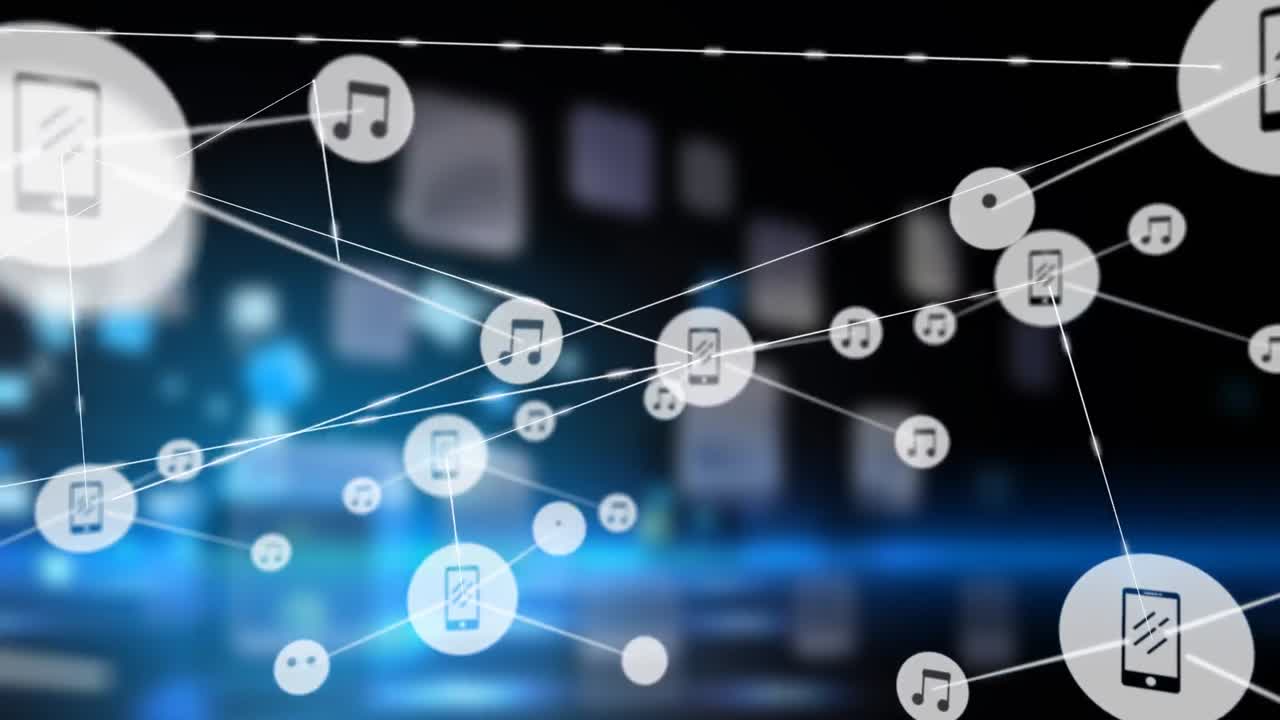 디지털 라인에 의해 연결되는 스마트 폰과 음악 노트 아이콘의 애니메이션