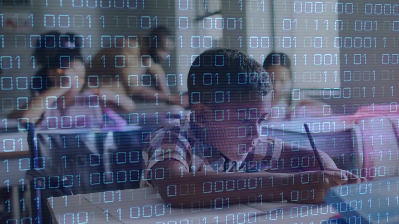 Animation of data processing over diverse schoolchildren and teacher in classroom