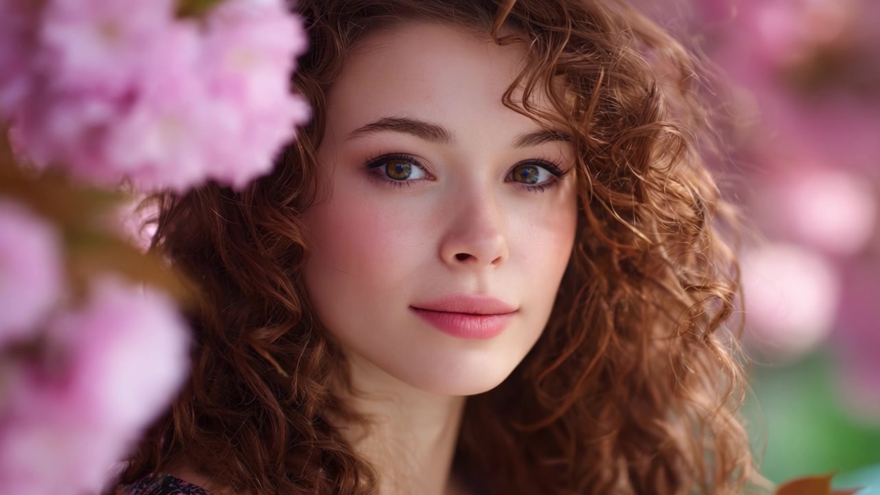 Un ritratto sereno di una giovane donna circondata da fiori in fiore, che cattura l'essenza della bellezza naturale e le vibrazioni primaverili con un'illuminazione a fuoco morbido.