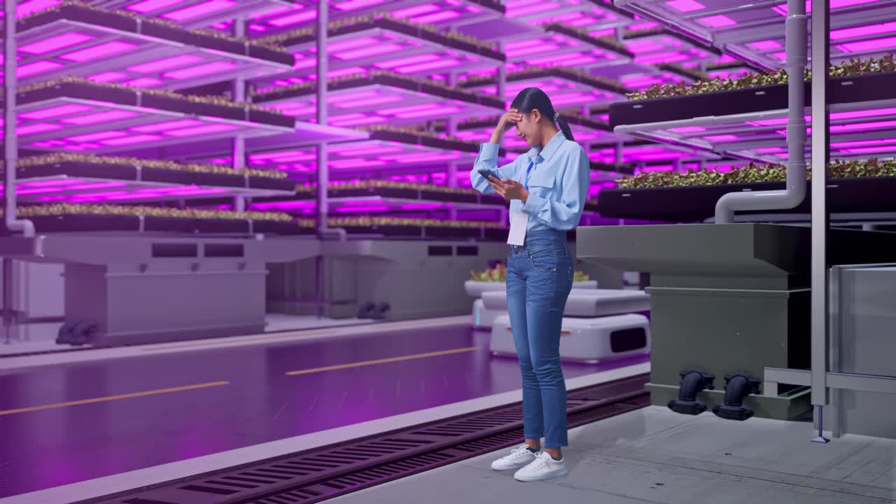 Woman looking at smartphone in a vertical farm