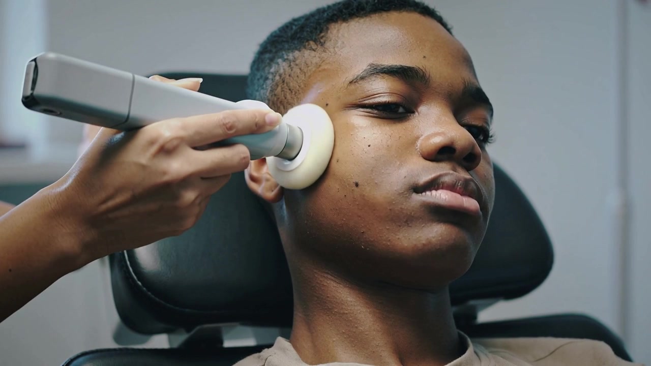 Un technicien touchant la joue, déplaçant un tampon sur un adolescent en manches courtes assis sur une chaise de clinique, exfoliant la peau.