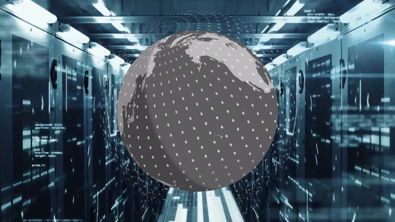 Animation of globe and data processing over computer servers