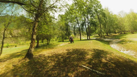 motorcyclist rides vehicle among birches fpv. sportsman trains extreme riding in wild nature on spring day. walkthrough of wild motocross route