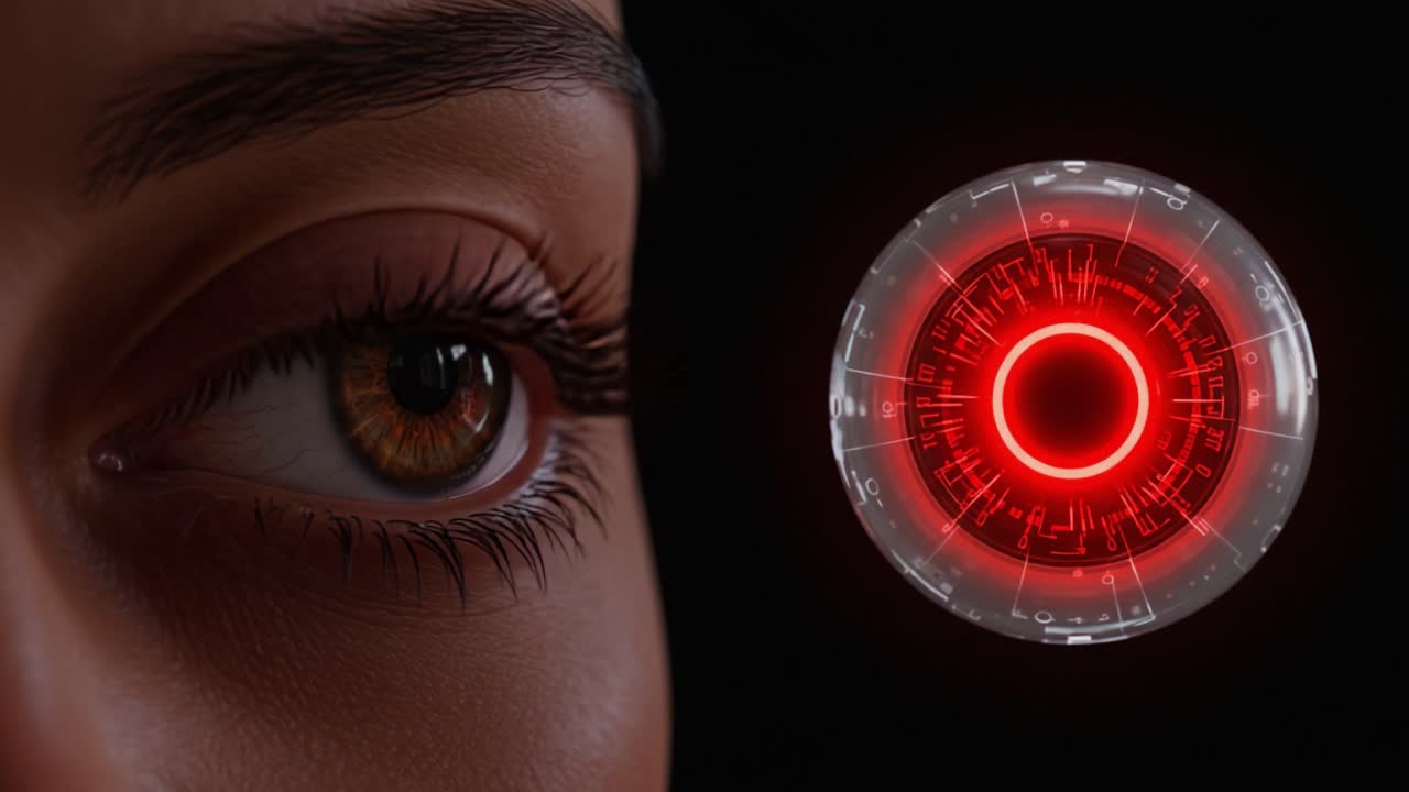 A Close-Up of an Intricate Eye with a Glowing Red Interface, Blending Human and Technological Elements in a Captivating Visual Composition