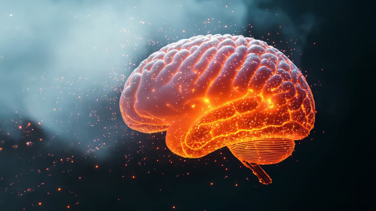 Modello 3D aperto di un cervello che ruota, rivelando percorsi neurali luminosi, con scintille che fluttuano nello spazio nebuloso