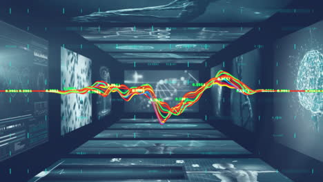 Animation-of-data-processing-over-screens-with-dna-strand-on-black-background