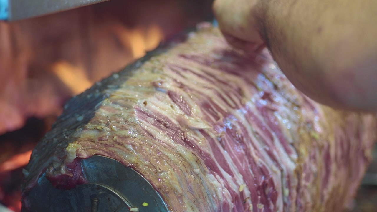 Close-up of Slicing Döner Kebab on a Vertical Spit