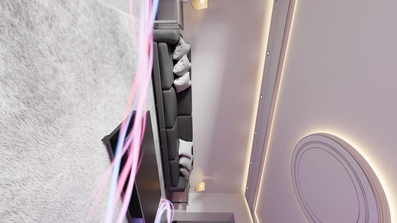 3d 렌더링 애니메이션에서 침대를 둘러싼 에너지 흐름과 함께 집 아파트의 현대적인 수직 거실 스튜디오 인테리어 디자인 개념