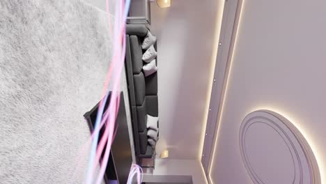 estudio de sala de estar vertical moderno en el apartamento de la casa con flujo de energía alrededor de la cama en 3d renderización de animación concepto de diseño de interiores