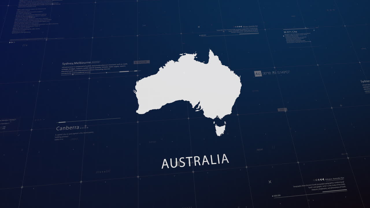 La carte de l'Australie prend vie avec un panoramique cinématographique, dévoilant des détails clés, la capitale et le slogan, offrant un arrière-plan attrayant pour un usage corporatif et commercial.