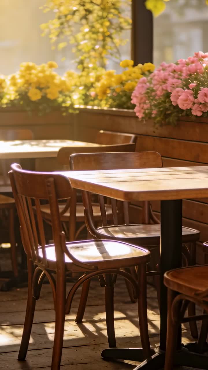 Terrazza di caffè all'aperto soleggiata con mobili in legno e fiori