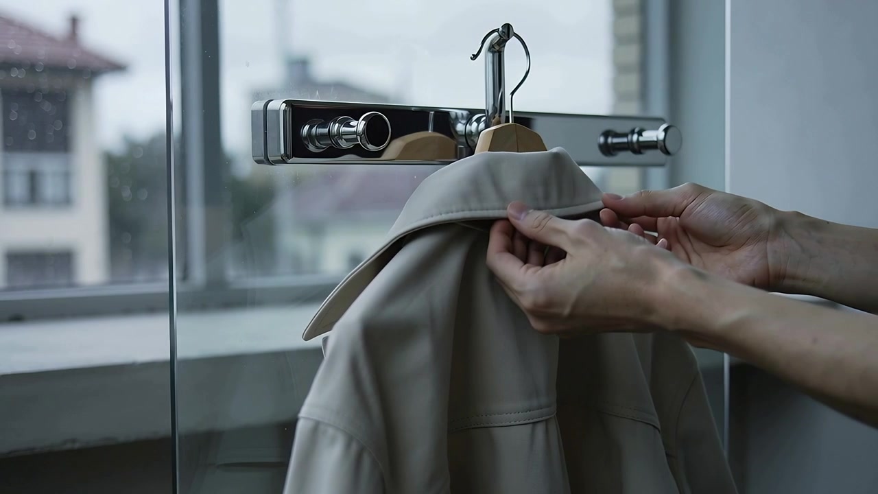 Mani che si allungano per posizionare una gruccia su un gancio cromato vicino a una finestra a vetri, lisciando il colletto del cappotto, sistemando il cappotto