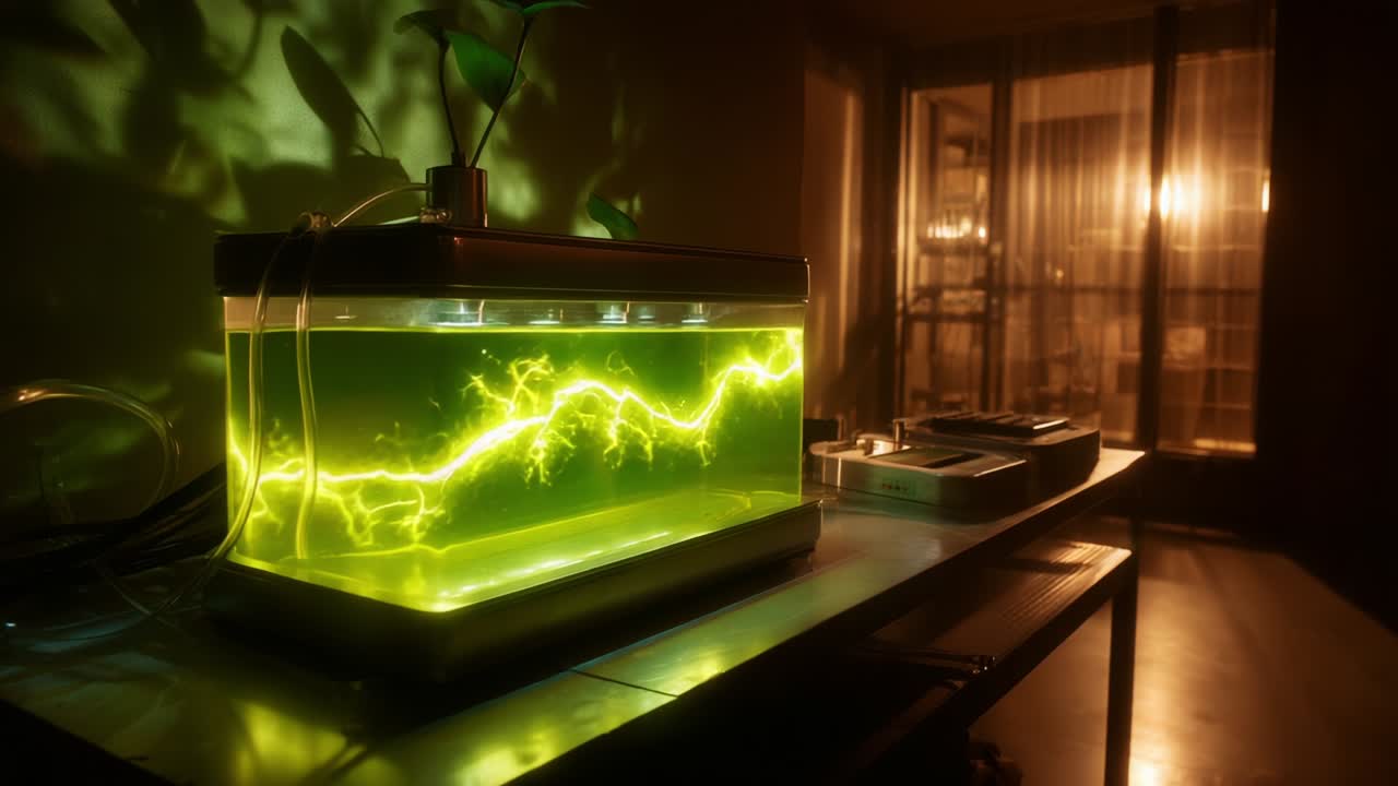 A Glowing Aquatic Experiment Showcasing Striking Green Lightning Patterns in a Laboratory Environment, Captured in Dramatic Lighting and Unique Perspectives