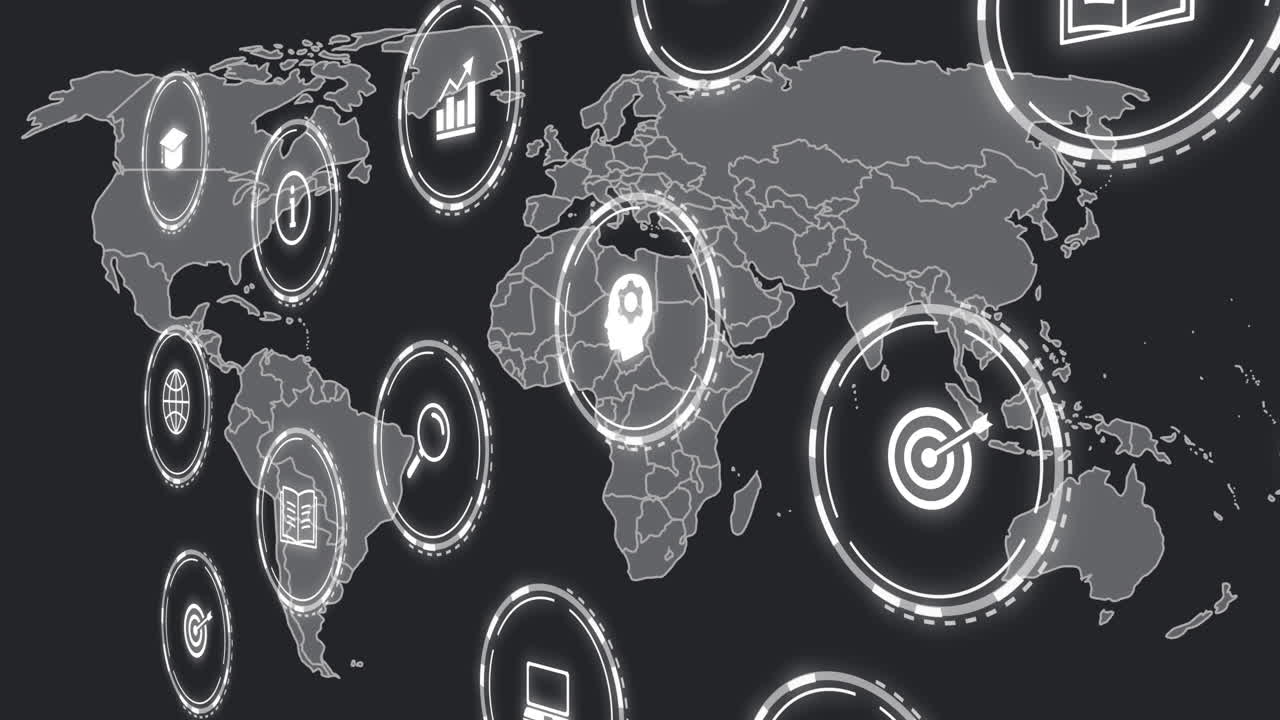 mapa del mundo con iconos de negocios, animación de procesamiento de datos global