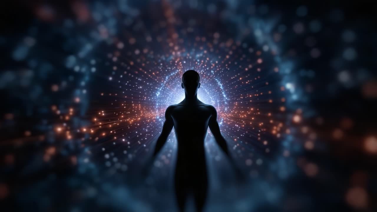 Un viaggio mistico attraverso luce e spazio: una silhouette in mezzo a un'esplosione cosmica di energia e colore in un universo digitale di infinite possibilità