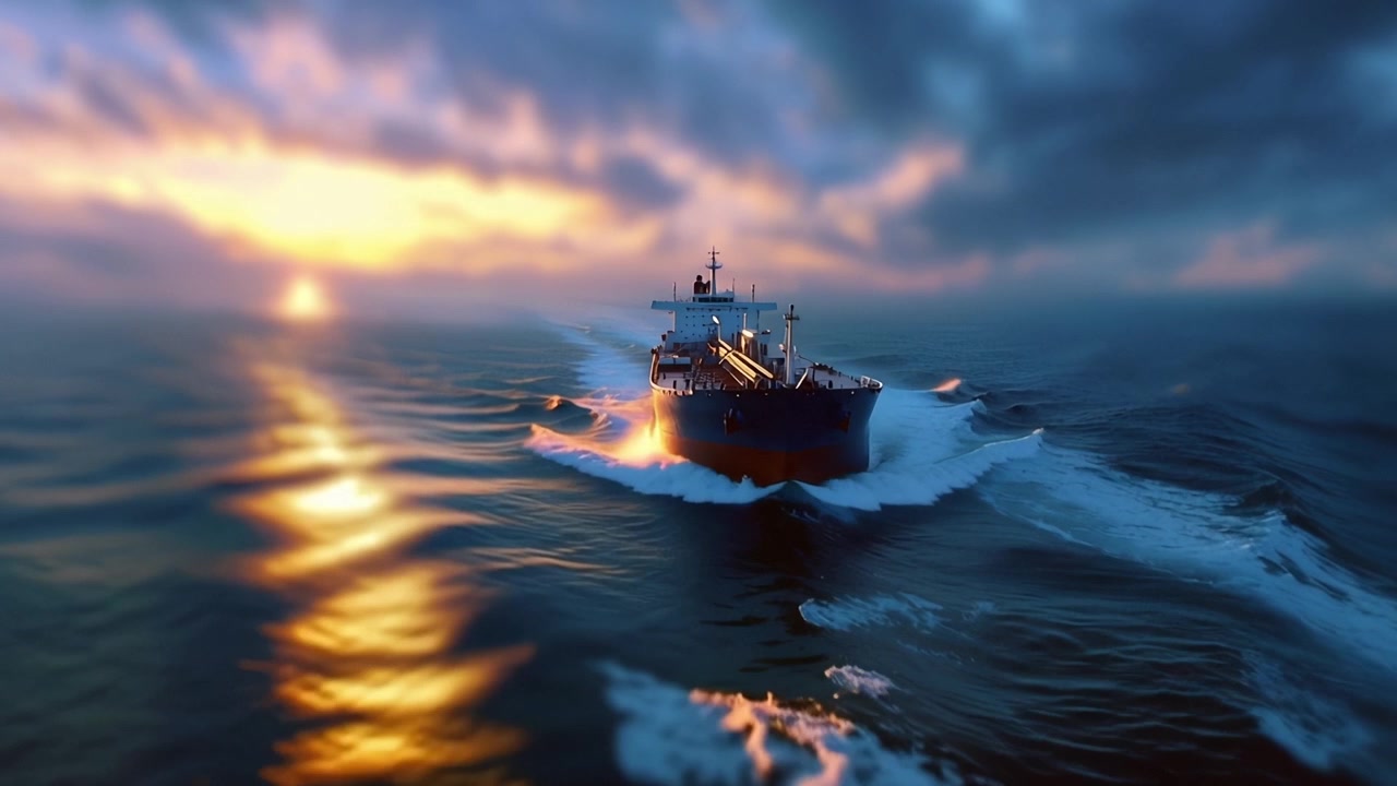 Una maestosa nave da carico che naviga attraverso acque serene contro un cielo al tramonto drammatico, catturando la tranquillità dell'oceano e la potenza delle imbarcazioni marine