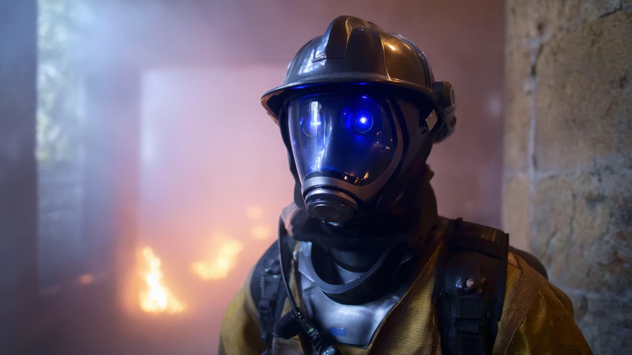 Futuristisk brandmand i aktion: En højteknologisk brandmand udstyret med avanceret udstyr står modstandsdygtigt midt i flammerne og udviser mod og banebrydende teknologi i nødsituationer