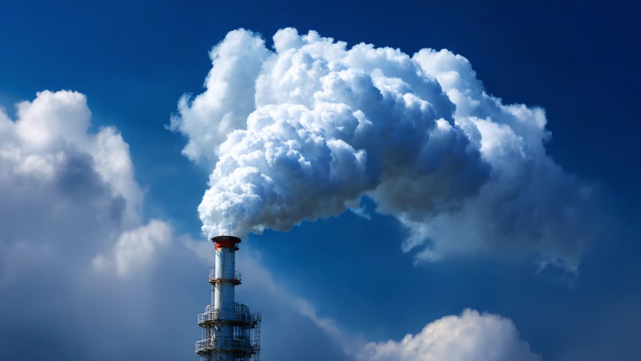 Smokestack emitting smoke against a blue sky