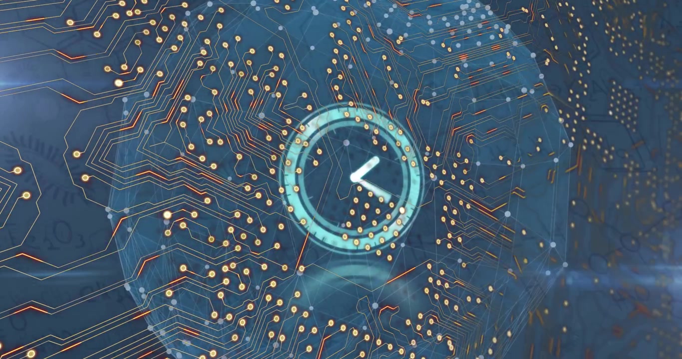 Animation of integrated circuit, and clock over globe and purple shapes and navy background
