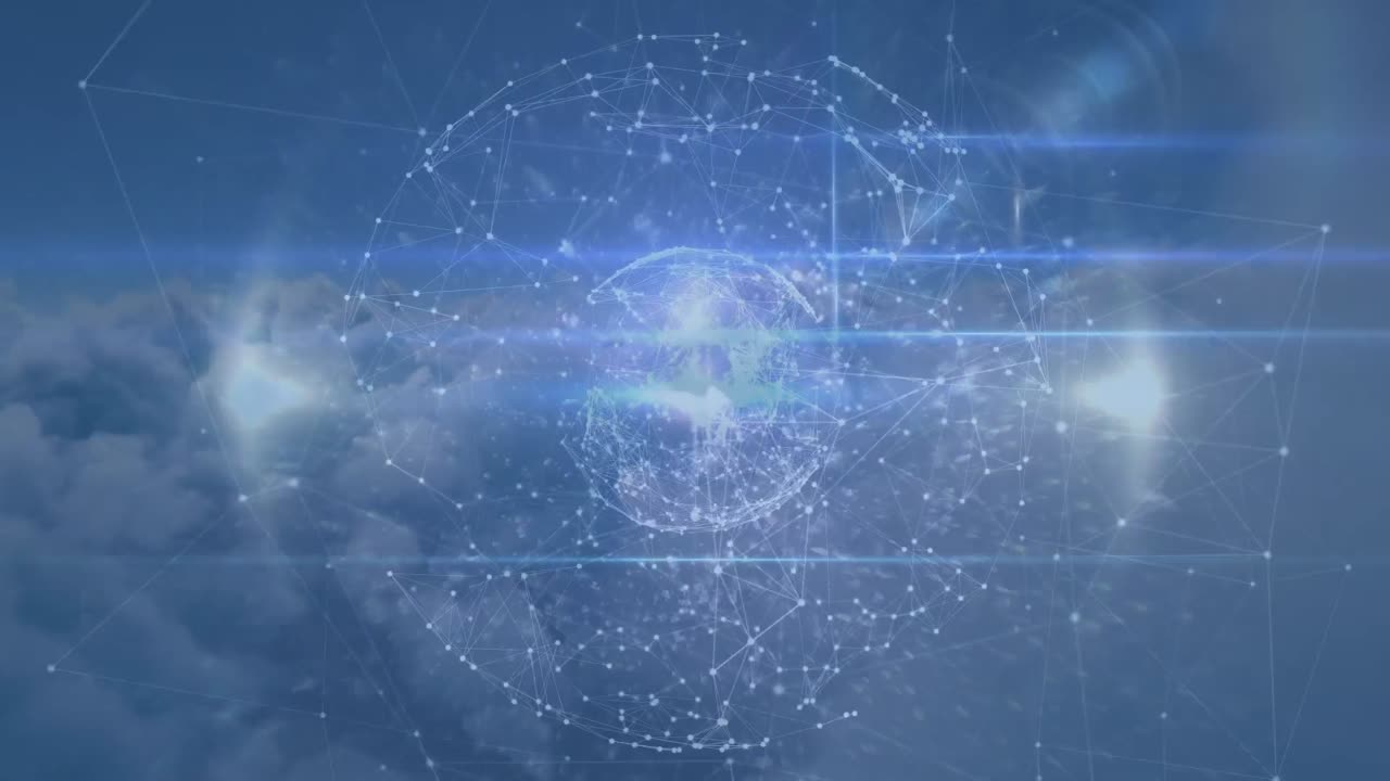 Animation of globe of network of connections spinning over clouds in the sky