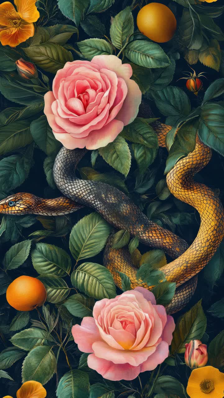 Vista aerea di un giardino rigoglioso e vivace con un serpente avvolto tra rose e arance