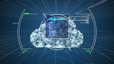 animation of viewfinder over clouds and diverse data processing in navy space
